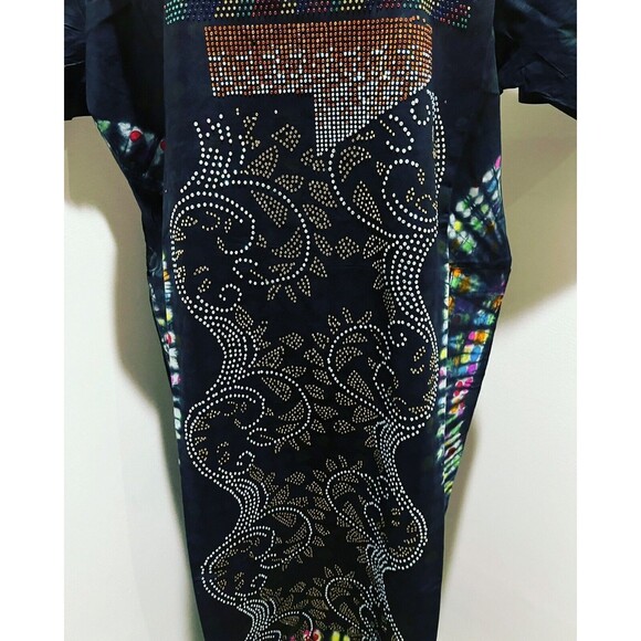 Embellished Swarovski Stoned Kaftan Tie & Dye ADIRE Cotton Long Dress - Picture 3 of 8